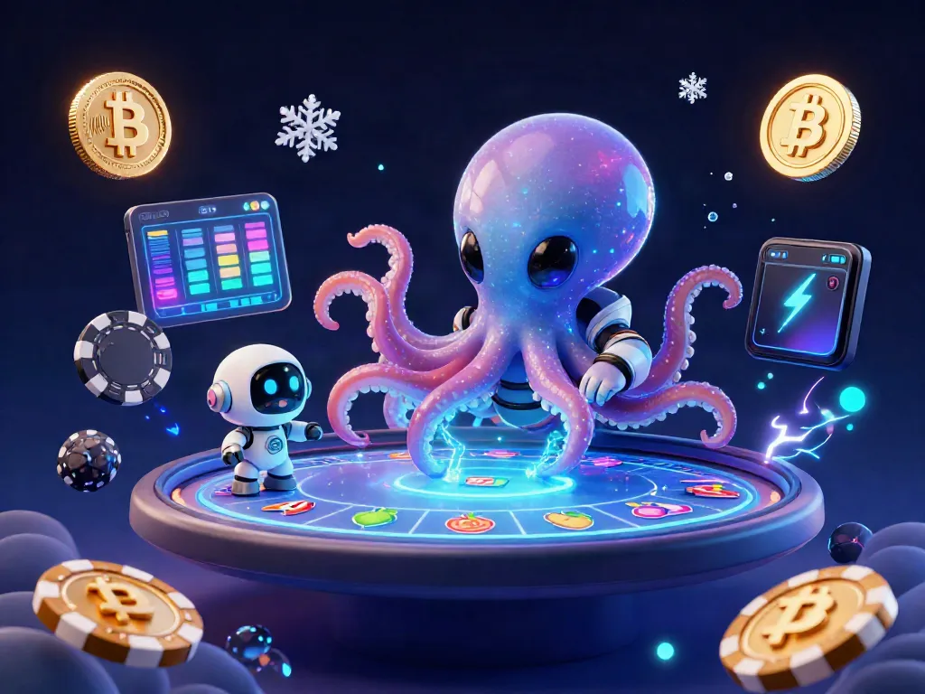 Experience the thrill of a slot jackpot with a cartoon alien octopus and vibrant crypto elements.