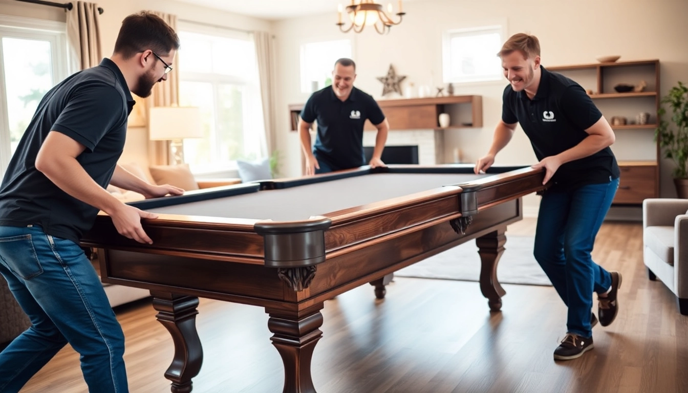 Experienced pool table movers dallas carefully relocating a slate table in a residential setting.