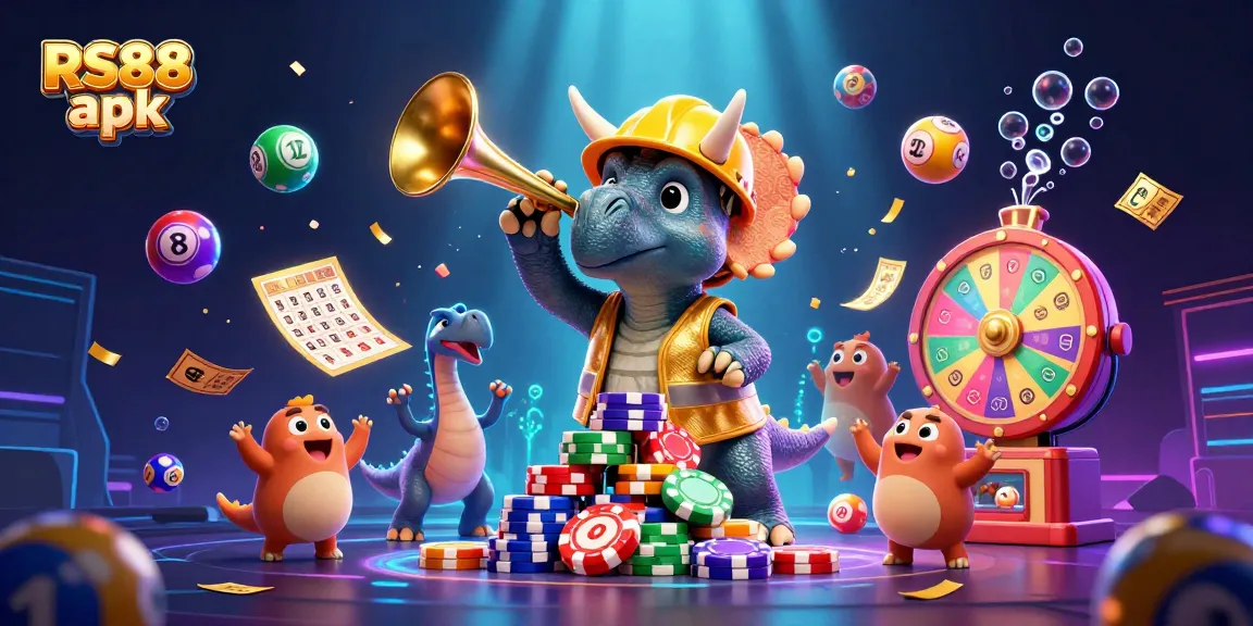 Experience excitement with RS88 apk in this vibrant 3D casino illustration full of dynamic game elements.