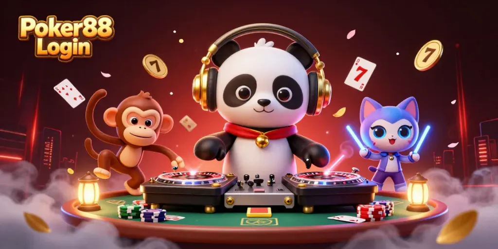 Poker88 Login illustration showcasing a DJ panda, breakdancing monkey, and glow-stick kitten in a vibrant casino setting.