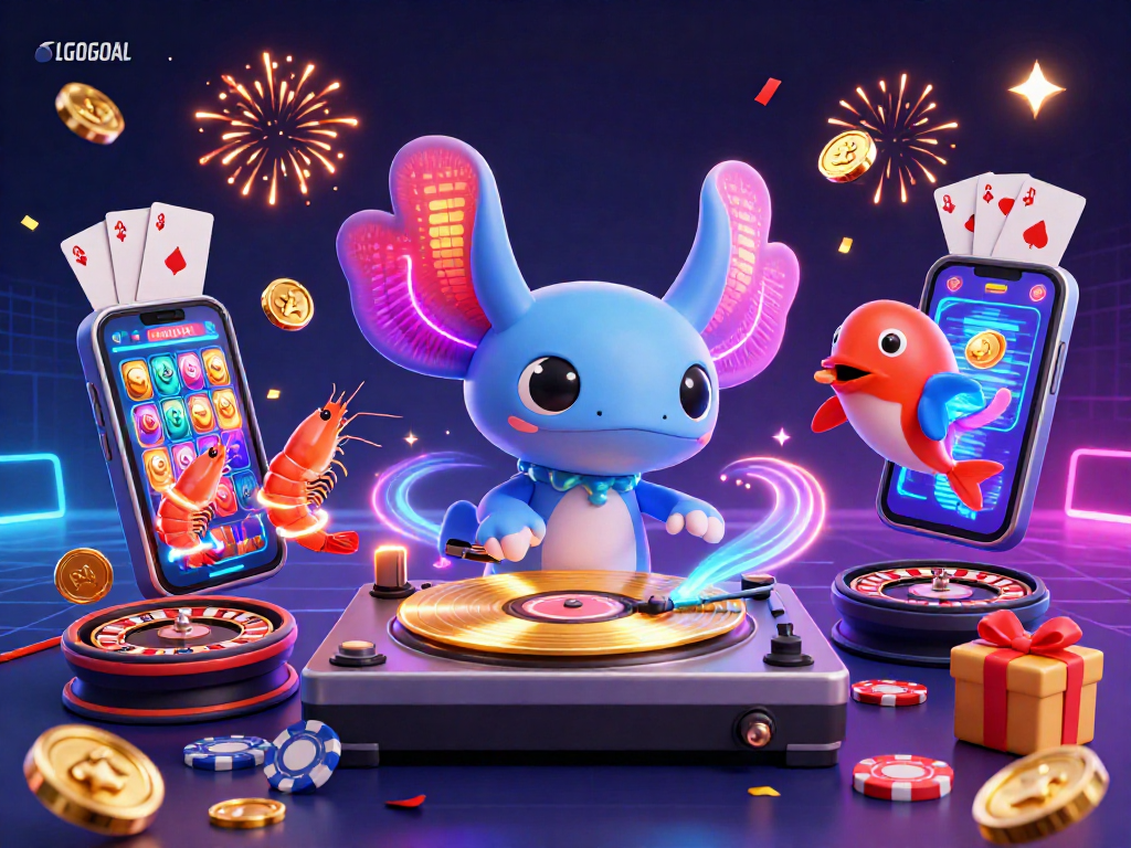 Engage in thrilling gameplay with LGOGOAL’s vibrant casino experience featuring cartoon characters celebrating with slot games.