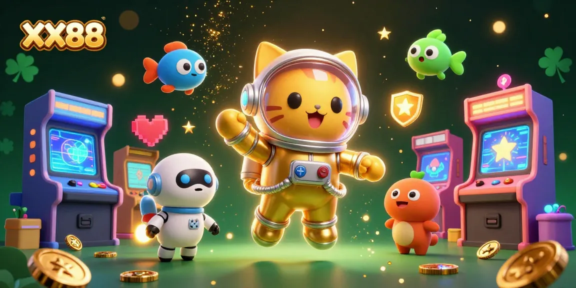 Engage with the vibrant gaming universe of XX88, featuring a 3D astronaut cat and a robotic dog amidst golden space elements.