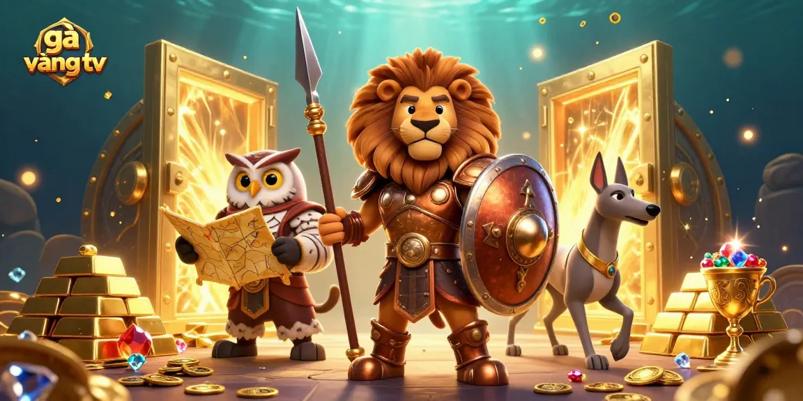 Experience the excitement of gà vàng tv with a dynamic scene featuring a Spartan lion, owl strategist, and messenger amidst a gold-filled spectacle.