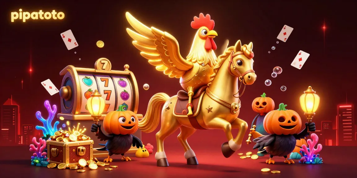 Pipatoto presents an engaging 3D casino illustration featuring a golden rooster, vivid slot elements, and dynamic gameplay.