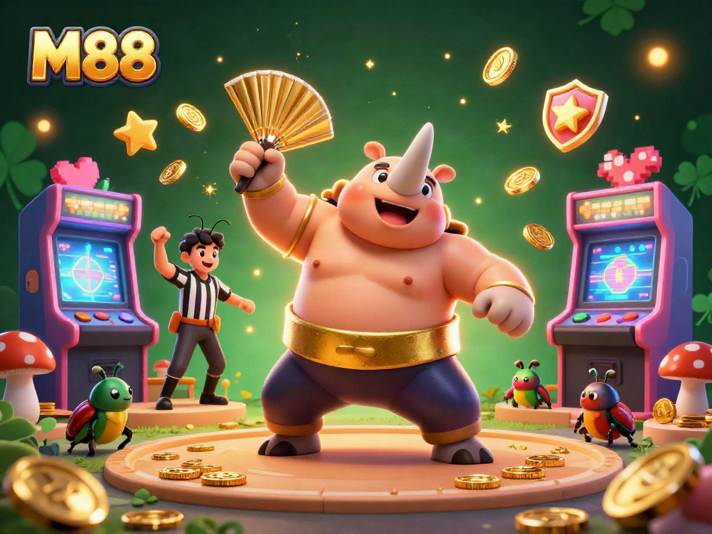 M88 casino scene featuring a rhinoceros beetle sumo champion surrounded by gold coins and arcade elements.
