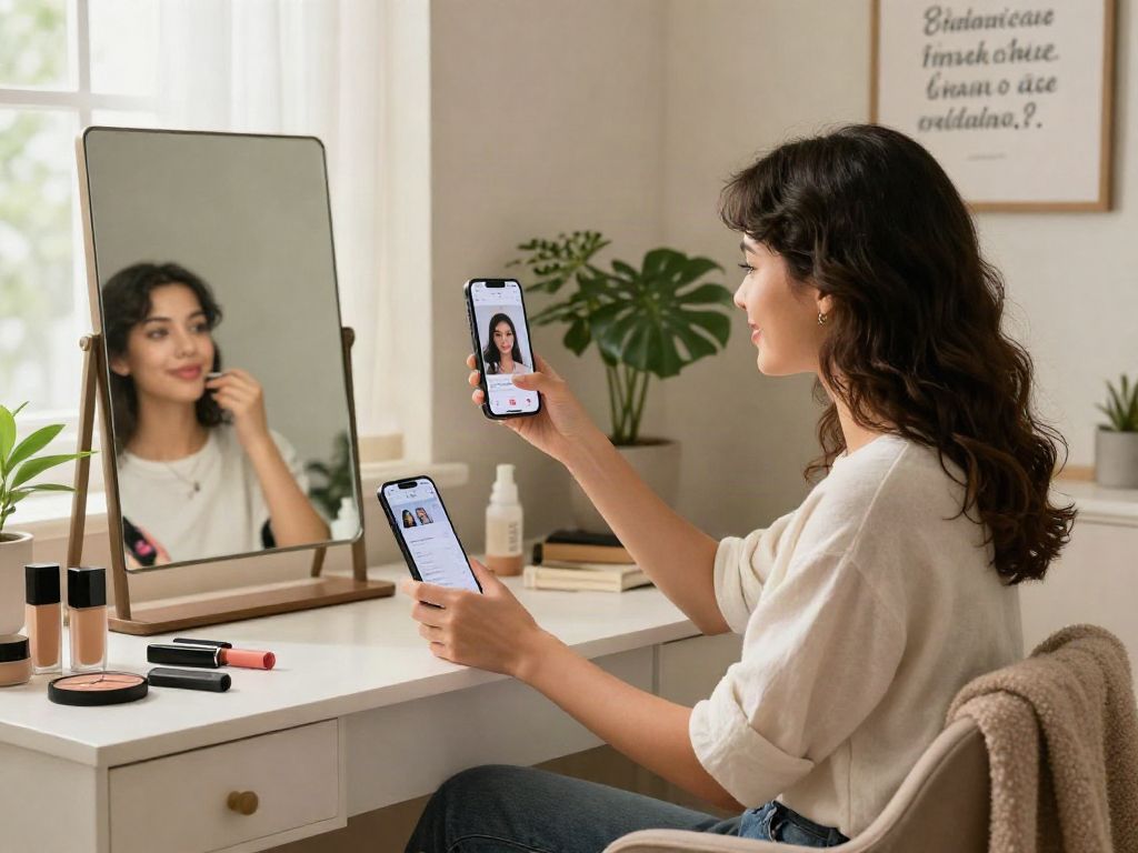 Taking an attractiveness test selfie at a vanity, showcasing self-improvement.