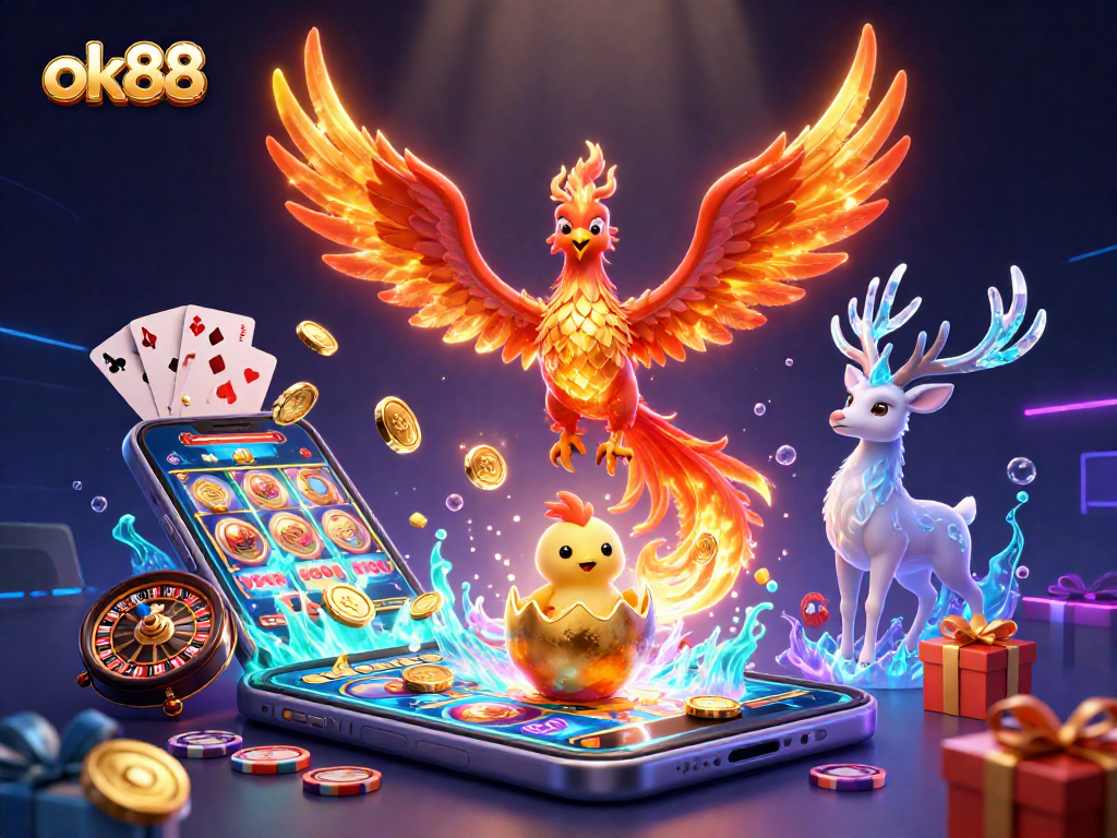 Experience thrilling gameplay with ok88, featuring colorful slot games, poker, and a radiant phoenix!
