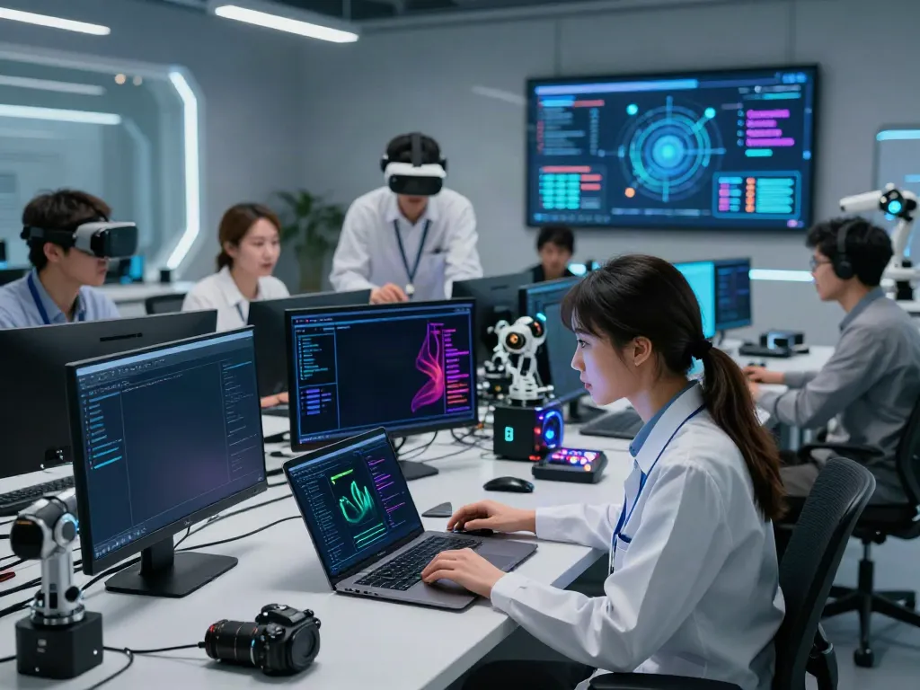 Team collaborating on AI infrastructure, showcasing the AI Token Economy in a high-tech data center.