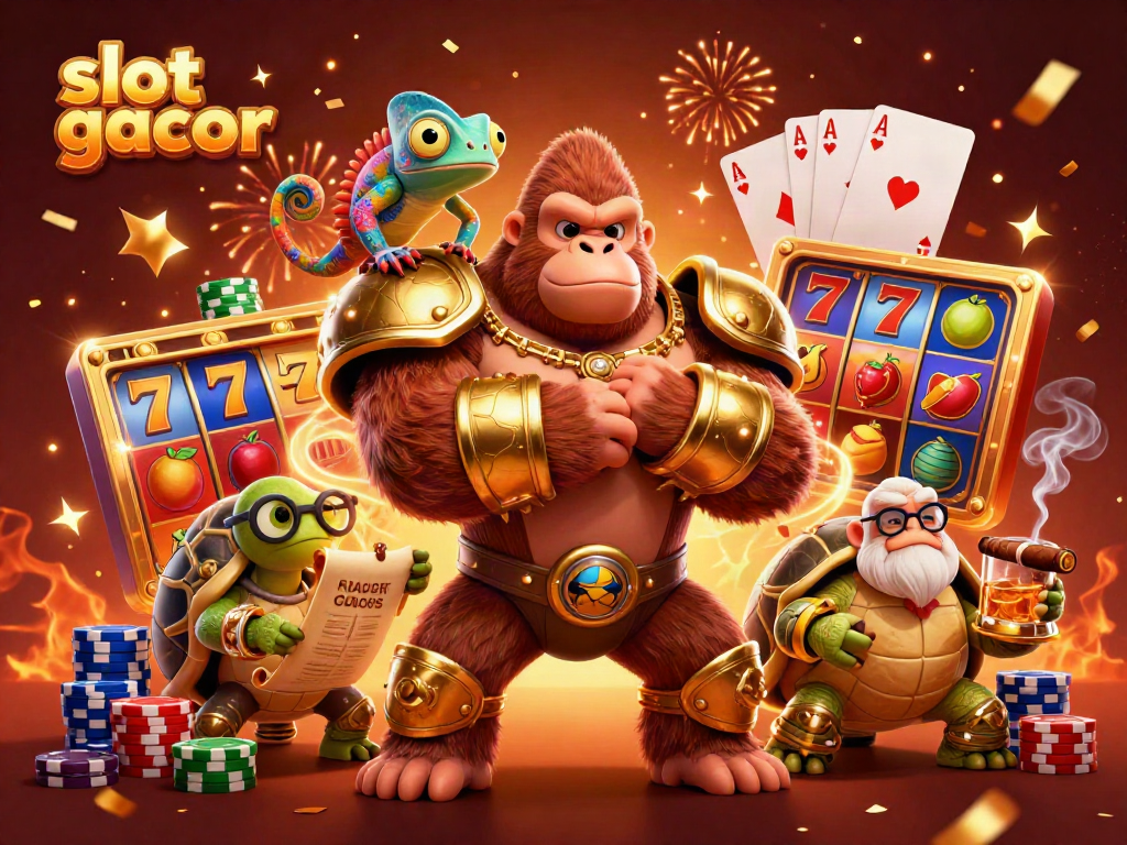 Slot gacor menunjukkan karakter raja gorila yang kuat dan elemen permainan slot yang menarik.