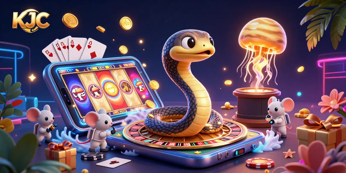 KJC's vibrant casino-world scene features a Saturn ring snake, astronaut mice betting, and golden jellyfish dealer.