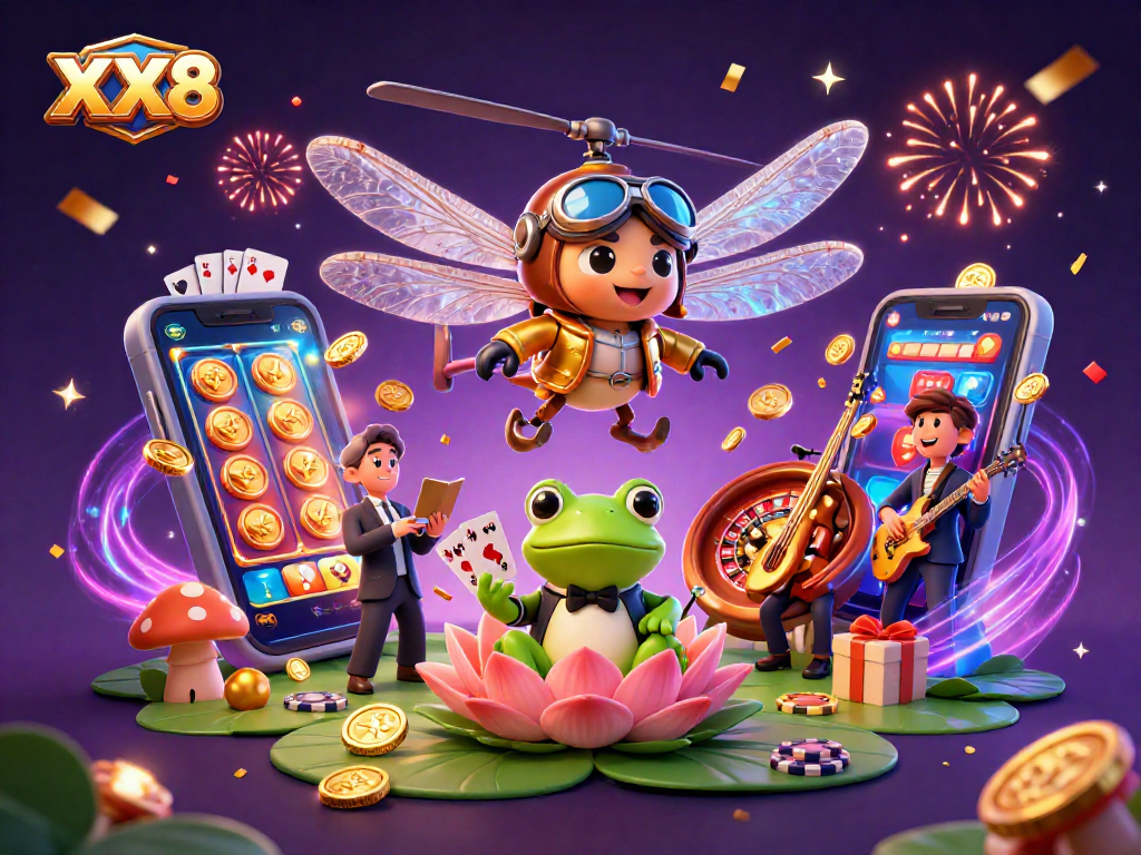 Engage with the vibrant XX8 casino scene showcasing a flamboyant dragonfly pilot and frog dealer.