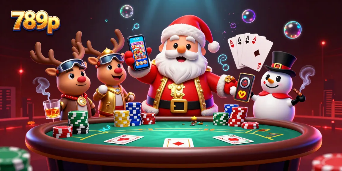 Experience thrilling jackpots with 789p as Santa, a reindeer dealer, and a poker chip snowman introduce excitement in a vibrant casino.