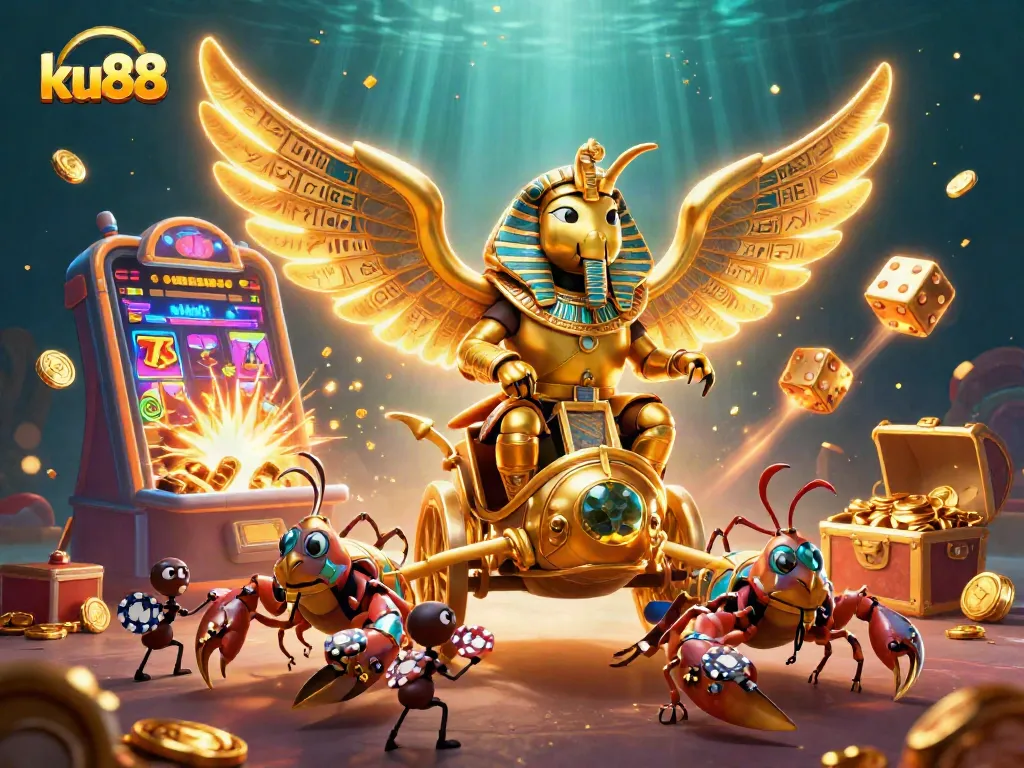 Engage with ku88 in this vivid 3D casino scene, showcasing thrilling slot machines and iconic poker elements.