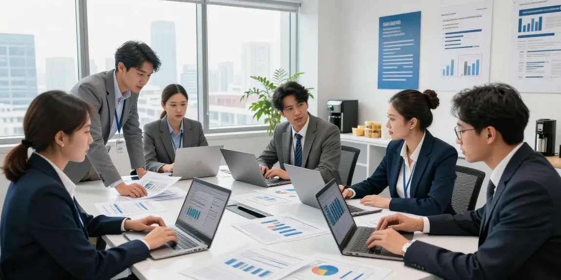 Accounting firms in UAE professionals collaborating effectively in a modern office setting, showcasing teamwork and financial analysis.
