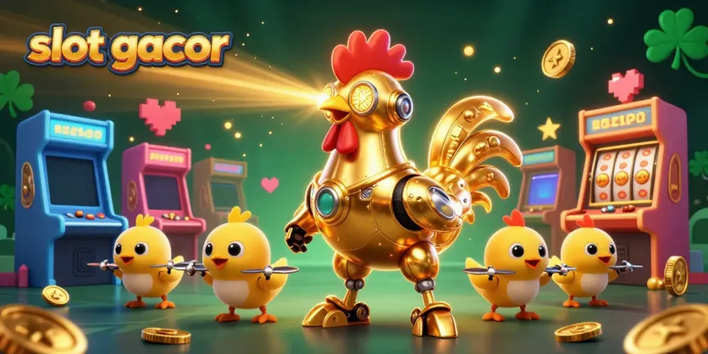 Gambar slot gacor menampilkan robot ayam keemasan dengan droid anak mengikuti, dikelilingi oleh mesin arcade yang berwarna cerah.