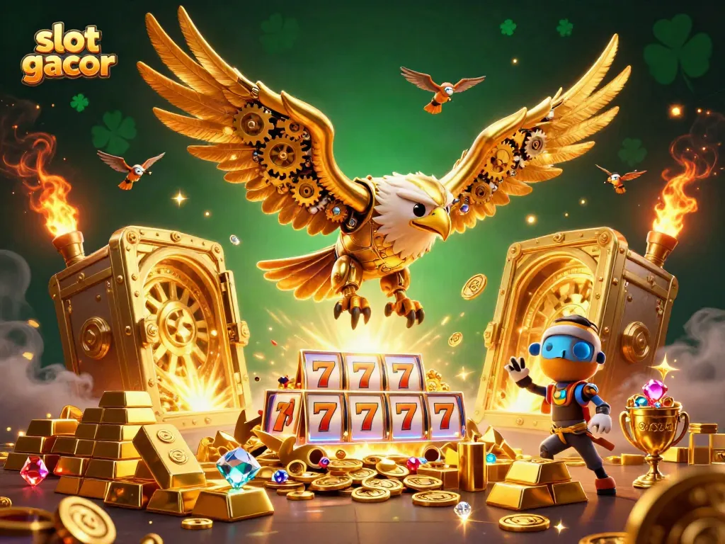 Slot gacor menunjukkan elang emas sibernetik dan harta berkilau di kasino digital.
