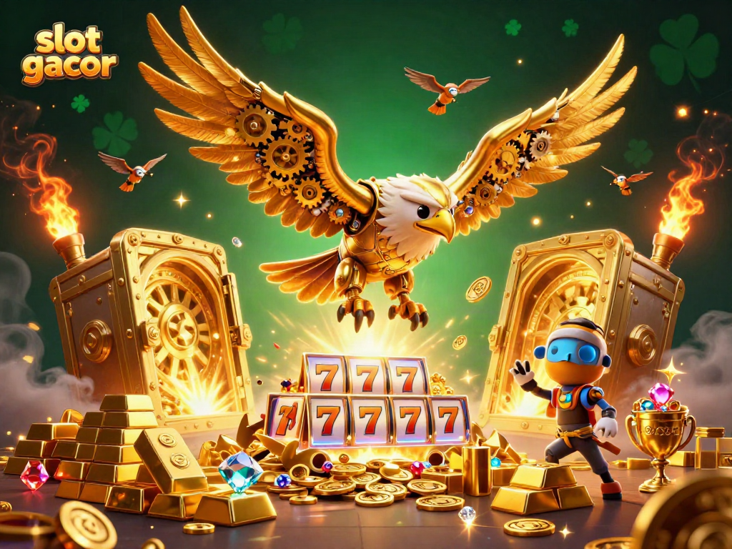 Slot gacor menunjukkan elang emas sibernetik dan harta berkilau di kasino digital.