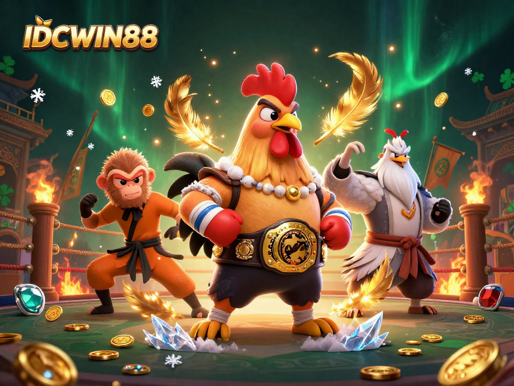IDCWIN88 showcases a fierce Muay Thai rooster and Shaolin monkey in a vibrant casino scene.