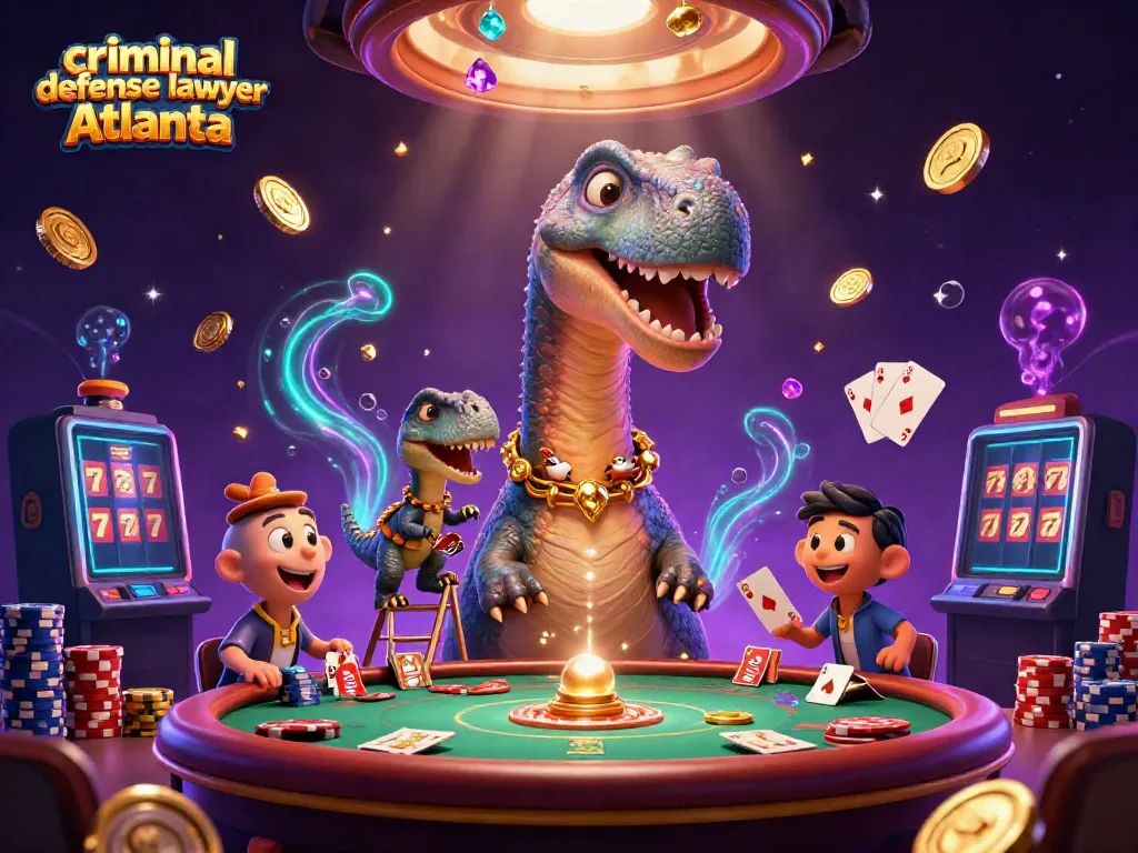 Cascading coins and sparkling gems surround a giant brontosaurus and raptor dealer, showcasing a lively criminal defense lawyer Atlanta theme.