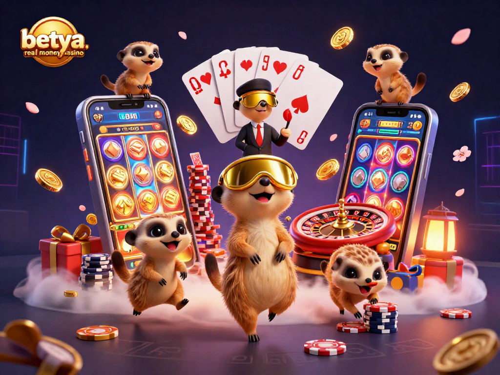 Betya.com real money casino scene depicting meerkats managing games with excitement and vibrant casino elements.