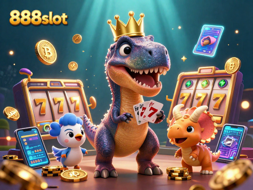 Experience thrilling gameplay at 888slot with a lively scene of animated characters and jackpot elements.