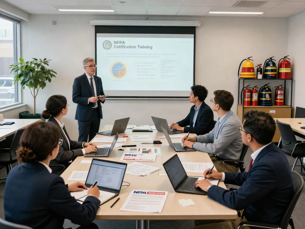 Participants engaged in NFPA Certification Training in a modern classroom, learning fire safety standards and practices.