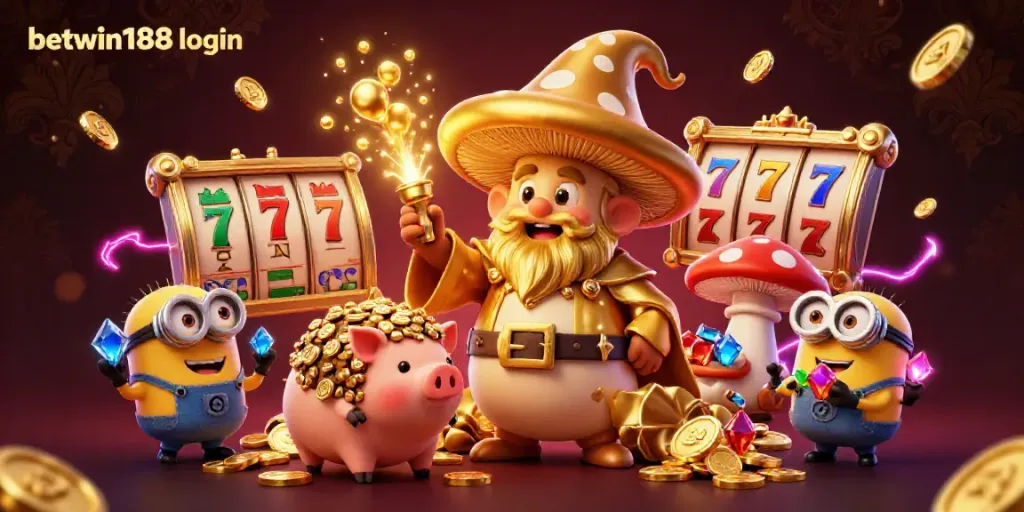Pengguna memasuki betwin188 login yang menampilkan wizard berwarna keemasan dalam ilustrasi 3D yang menarik.