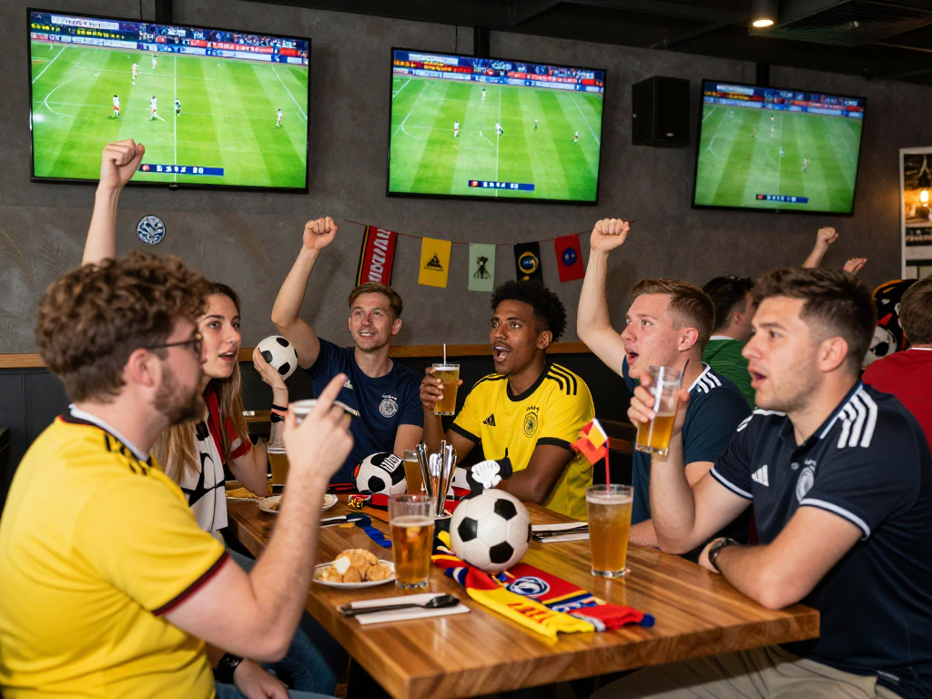 Fans celebrating thefappening in a vibrant sports bar while watching football matches.