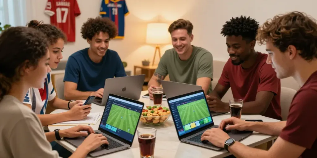 Friends engaged in sports betting analysis with WWBOLA's platform.
