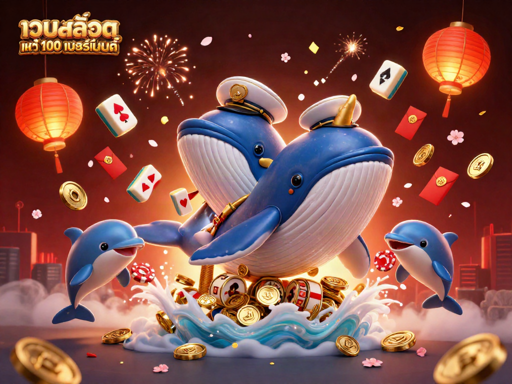 Engage with เว็บสล็อต แท้ 100 เปอร์เซ็นต์ featuring a whale and dolphin spinning coins, creating a vibrant casino atmosphere.
