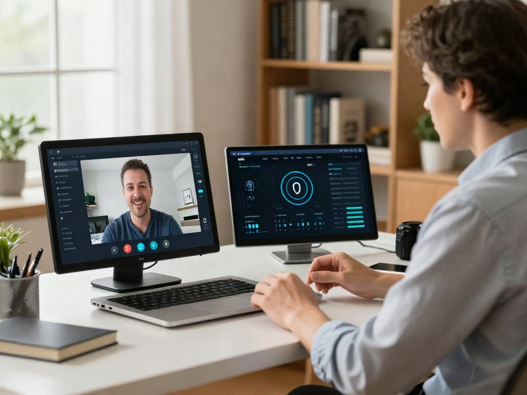 Deepfake protected Online Video Calls conducted in a secure home office with advanced tech features.