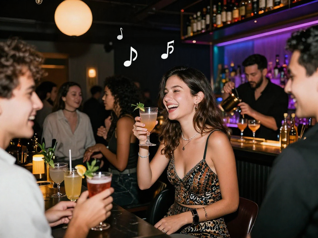 Gái gọi tận hưởng buổi tối vui vẻ tại quán bar sang trọng với bạn bè.