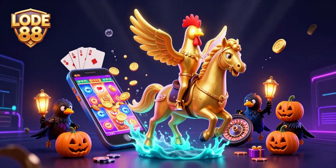 Experience LODE 88's vibrant casino action with a golden rooster and spectral horse in a colorful gaming scene.