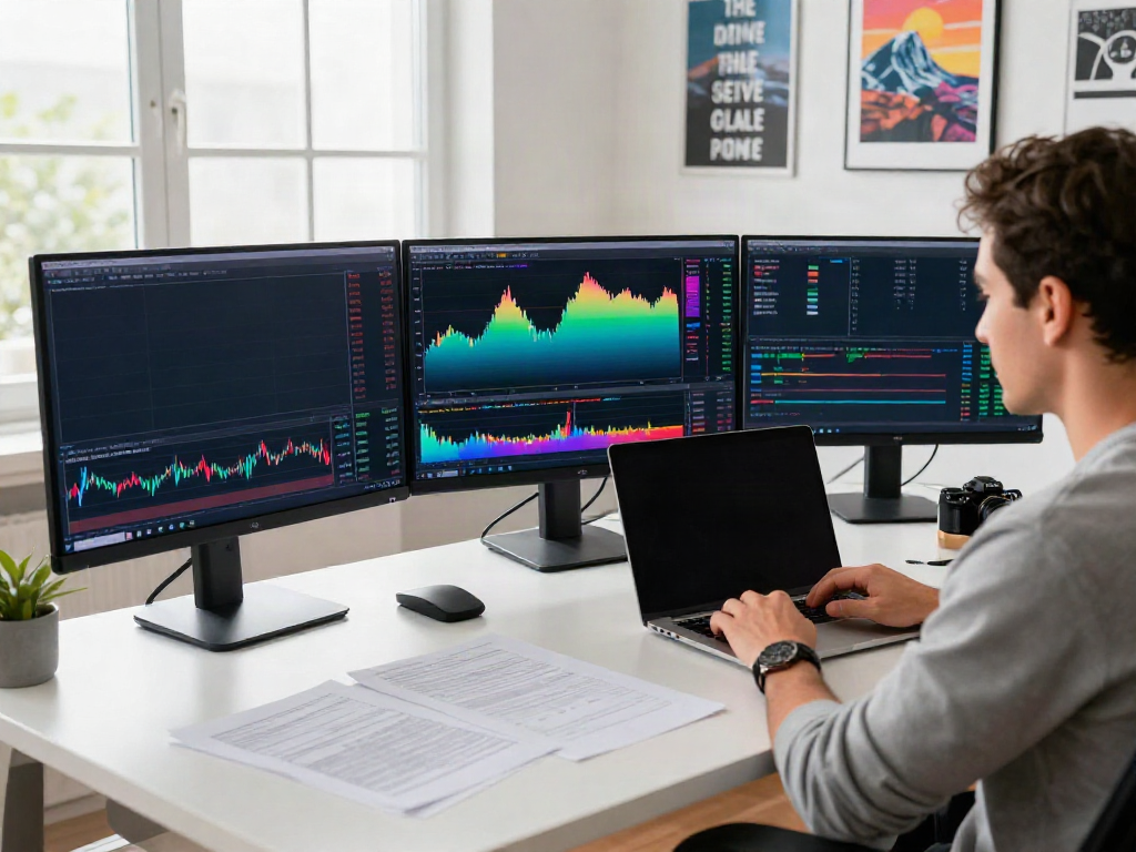 Trader using MetaTrader 5 analyzing charts in a professional workspace.