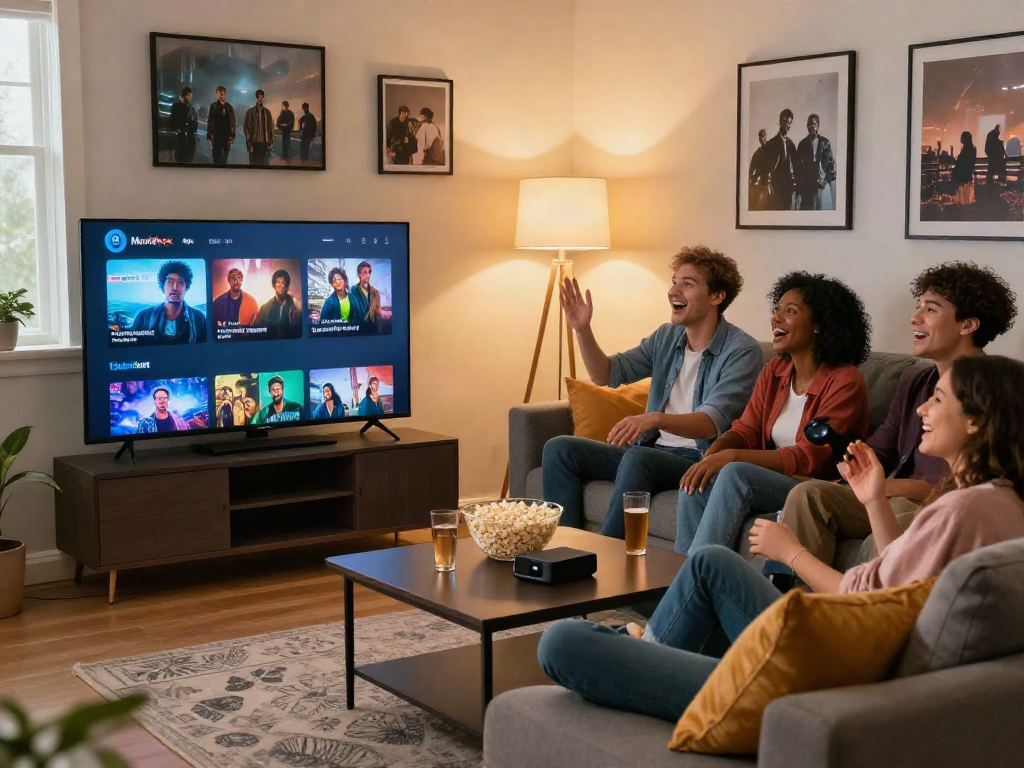 Gathered friends excitedly using Moviebox apk for movie night in a cozy living room.