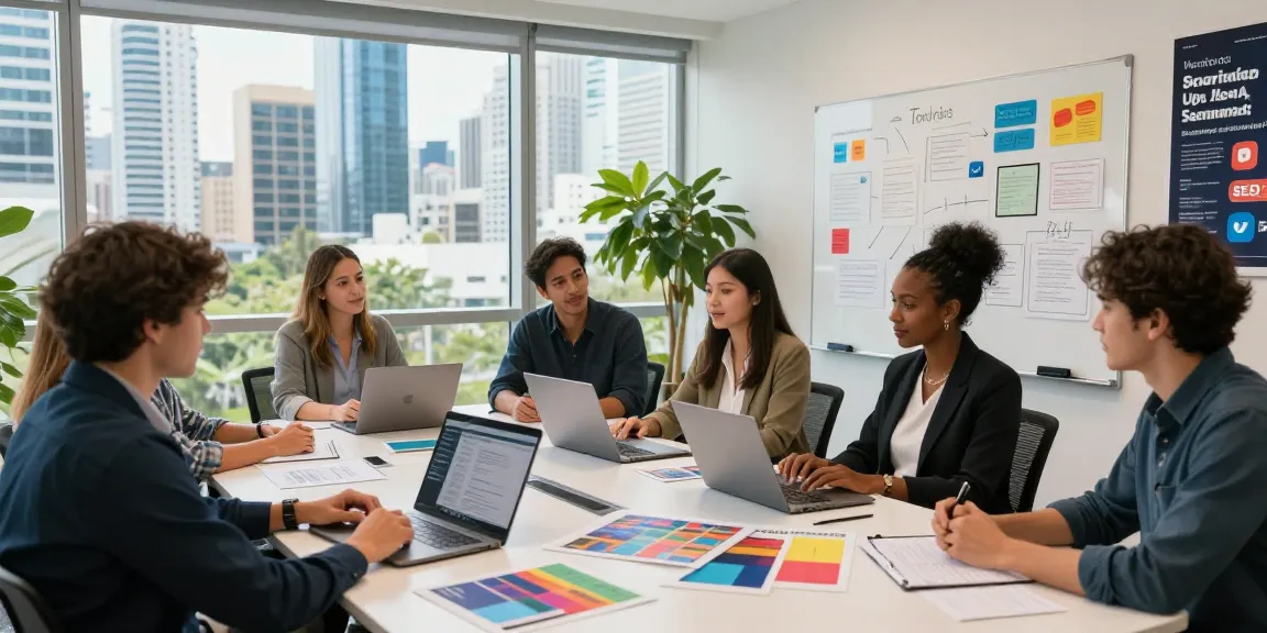 Marketing Agency Gold Coast team collaborating on marketing strategies in a vibrant office.