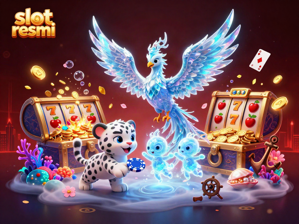 Experience excitement with slot resmi, featuring a colorful 3D illustration of casino elements and playful characters.
