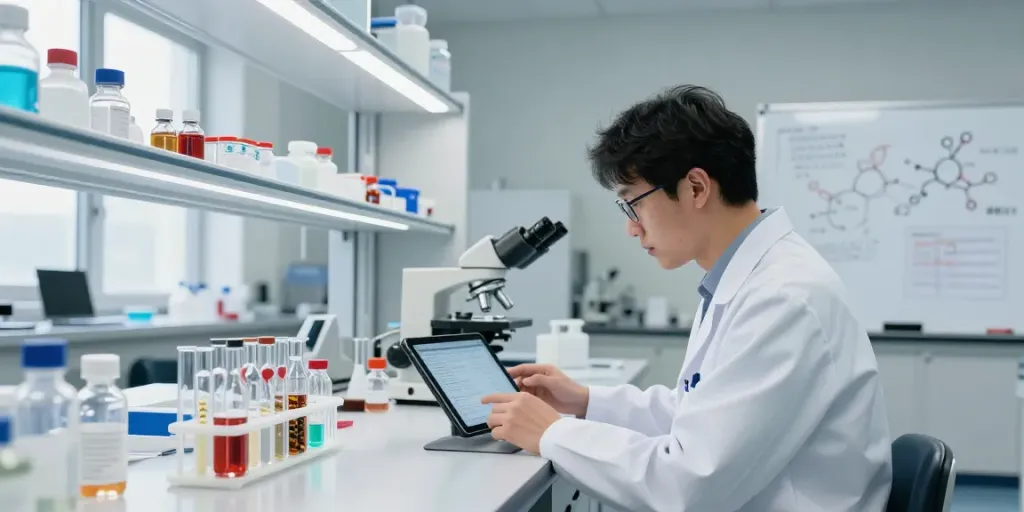 Peptides Canada research lab with researcher analyzing peptide samples and data for scientific advancements.