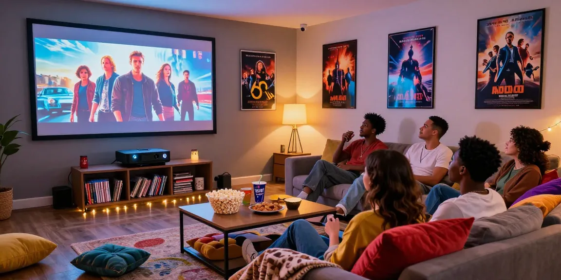 Group of friends enjoying movies 4u updates in a cozy home theater.