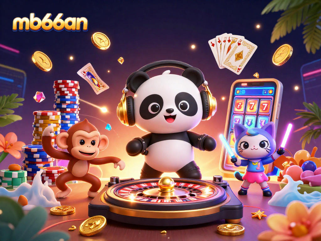 Experience vibrant fun at mb66an with a DJ panda, dancing monkey, and rave kitten amidst casino elements.