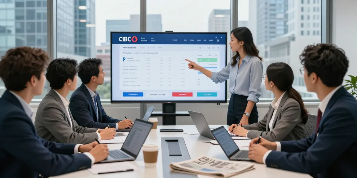 Réunion d'équipe de CIBC dans un bureau moderne, collaboration sur l'analyse des transactions financières.