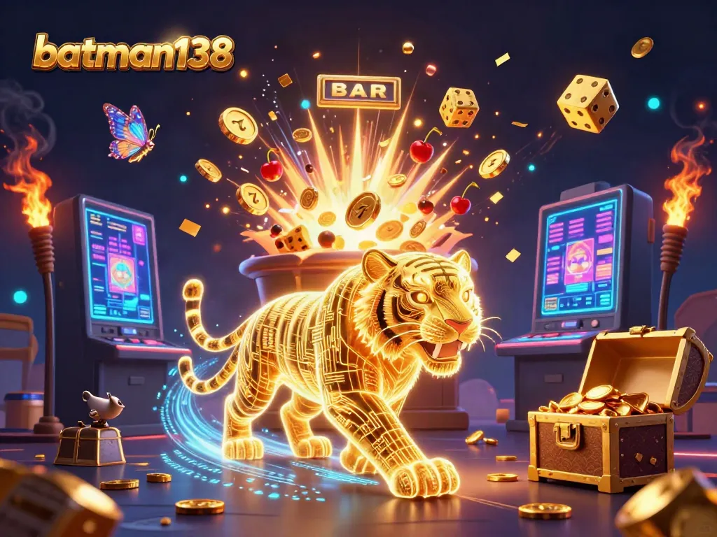 Experience the excitement of batman138 with a vibrant neon casino scene featuring a golden tiger, jackpot symbols, and glowing elements.