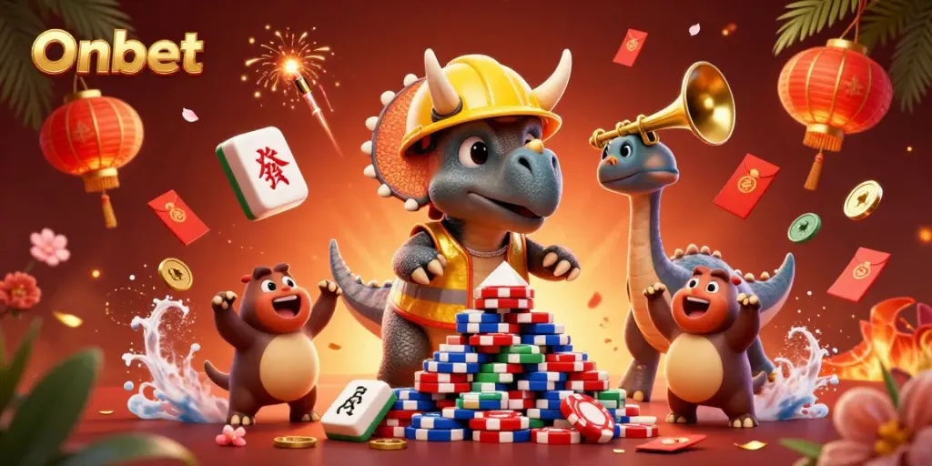 Experience the vibrant gaming atmosphere at Onbet with 3D characters celebrating poker chip wins.