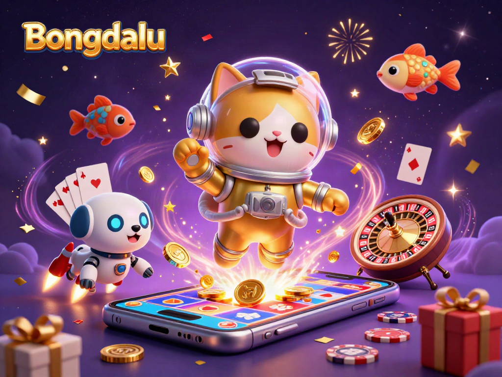 Bongdalu showcases thrilling slot game action with a dynamic astronaut cat scene filled with celebration and fun.