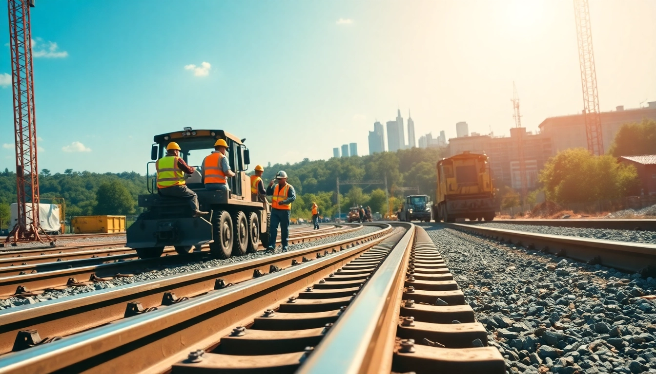 Workers engaged in railroad construction with machinery showcasing teamwork and progress.
