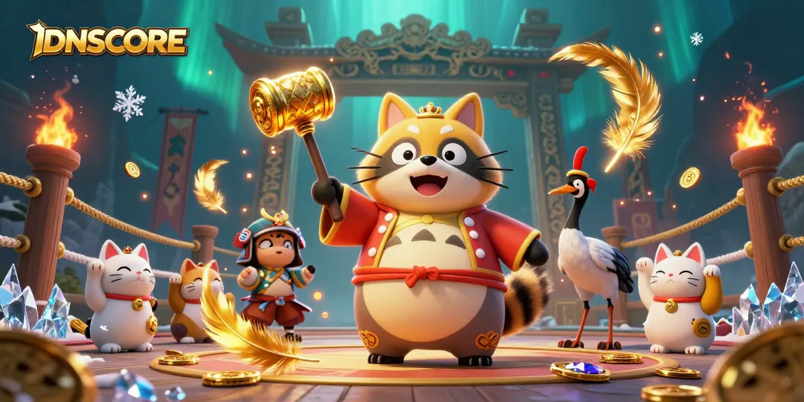 IDNSCORE gamifies luck through a cheerful tanuki and fortune cats in a vibrant online casino setting.