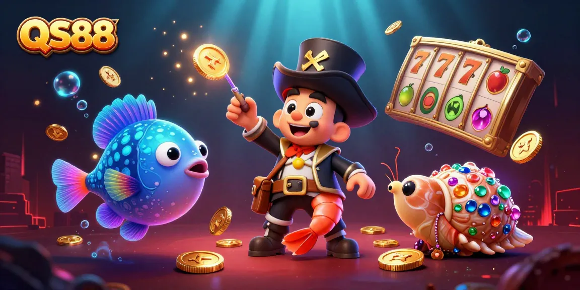 Engage with QS88's vibrant undersea casino experience featuring a top hat anglerfish attracting golden coins.