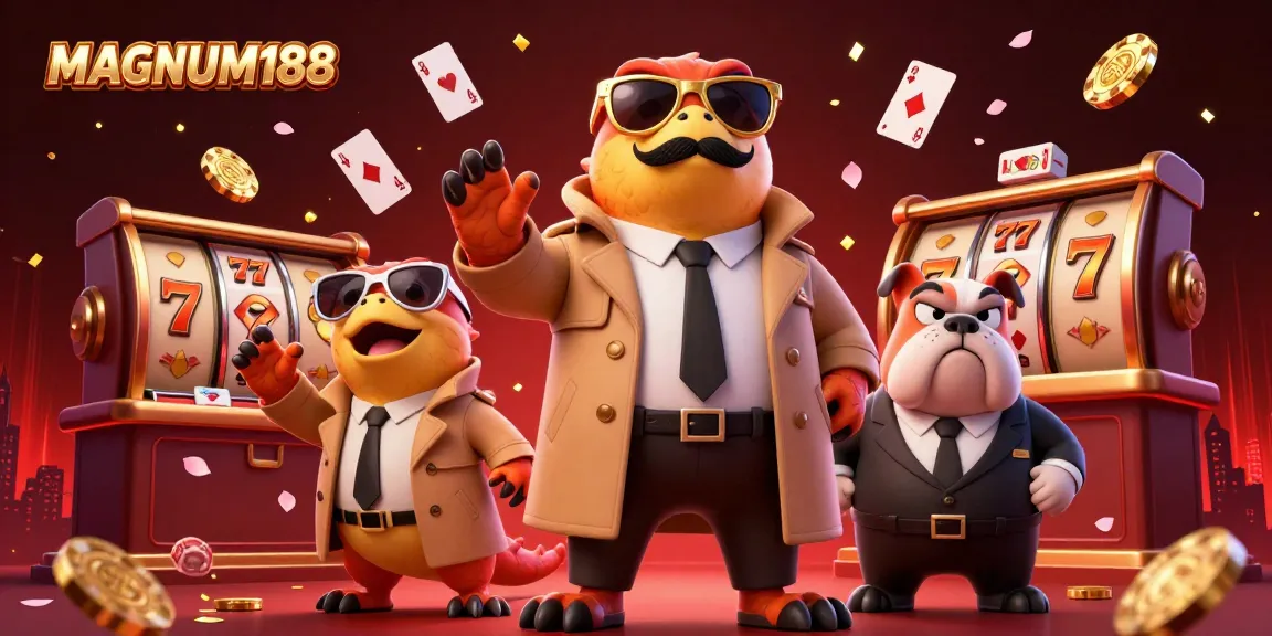 Experience excitement with MAGNUM188 as cartoon raptors attempt to enter a VIP casino lounge filled with vibrant game elements.