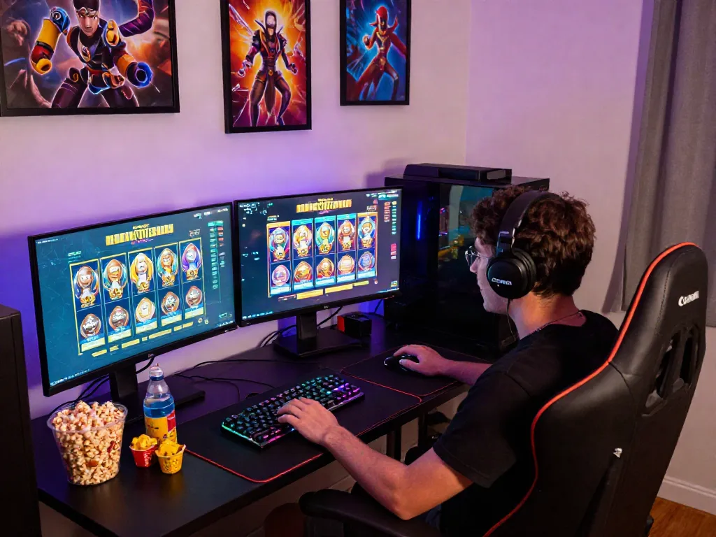 Excited player immersed in a slot game on multiple monitors in a cozy gaming setup