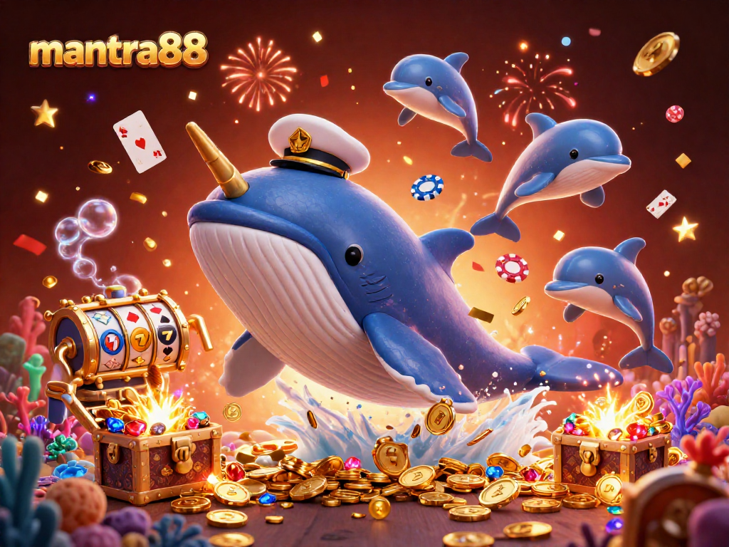 Win big at mantra88 with vibrant underwater casino illustration featuring whales and poker chips.